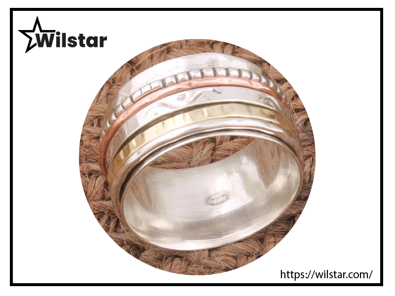 Hammered 925 Sterling Silver Designer Spinner Ring For Women, Handmade Three Tone Meditation Ring